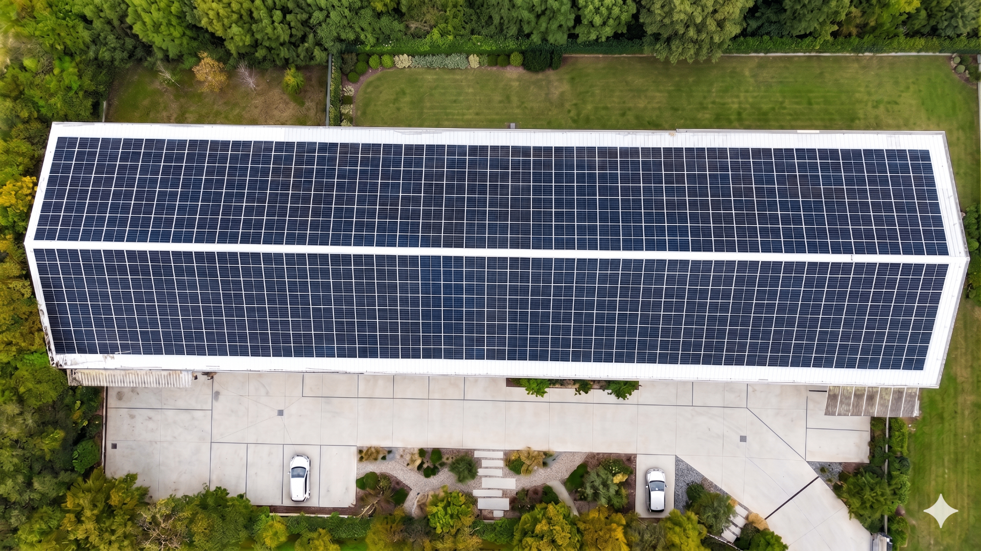 Toiture agricole équipée de panneaux photovoltaïques en vue aérienne